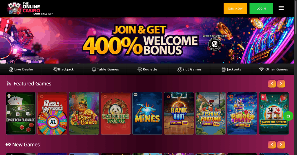 Screenshot of TheOnlineCasino homepage