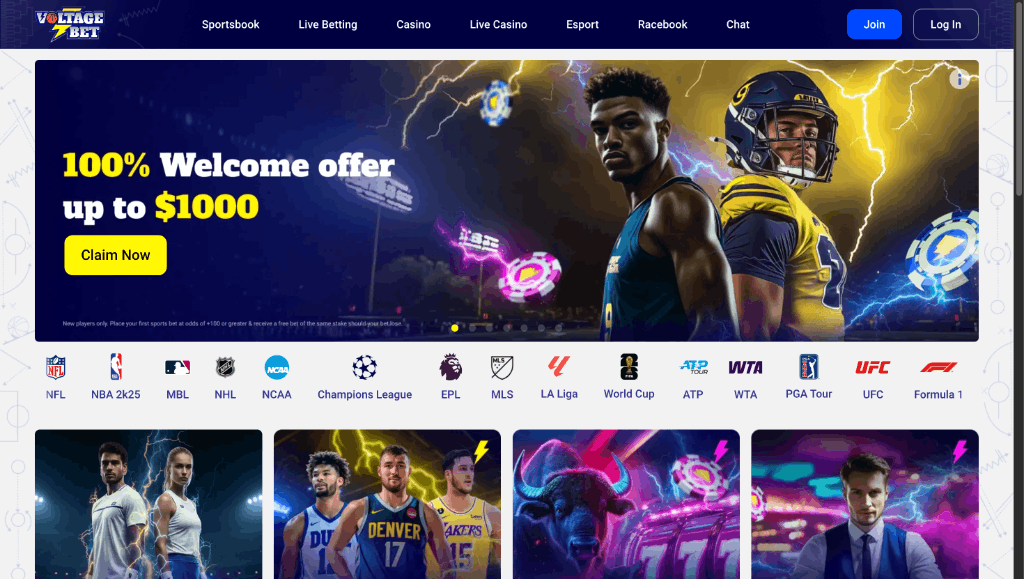 Screenshot of the Voltage Bet homepage
